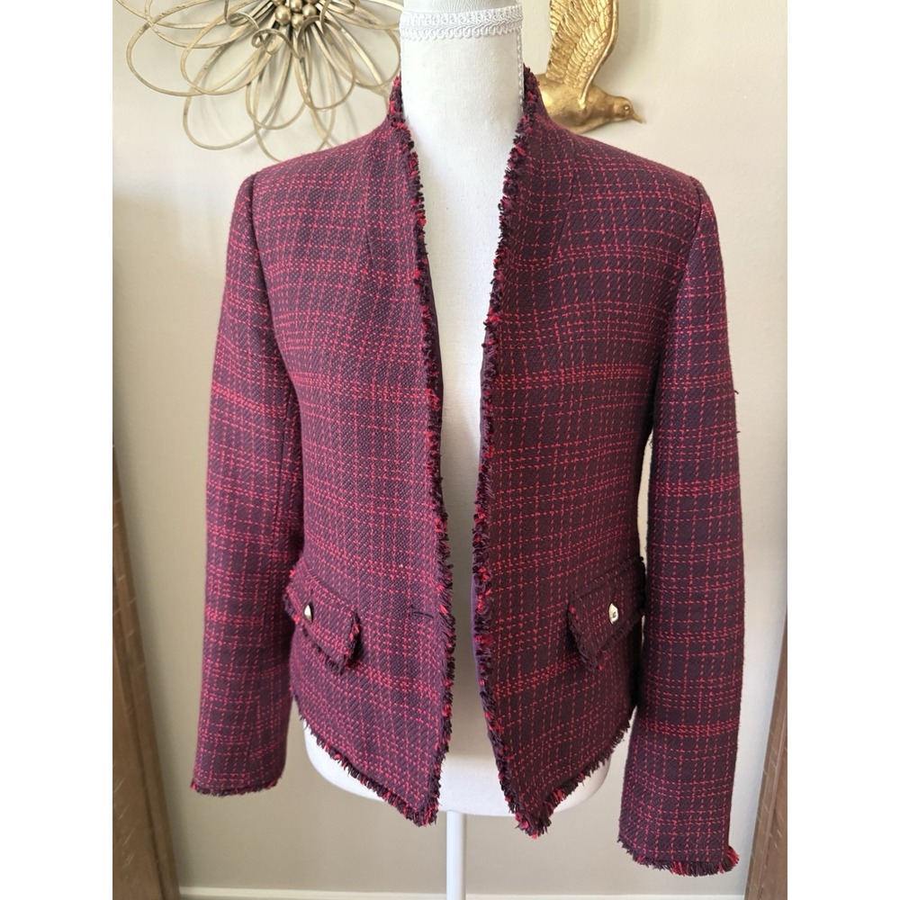 Ann Taylor Tweed Jacket Womens 4 Burgundy Fringe Open Front Career Blazer